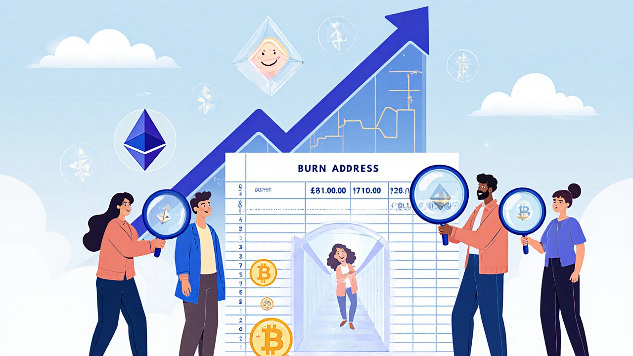 Community members examining a blockchain ledger as tokens vanish into a burn address, with a rising price chart above.