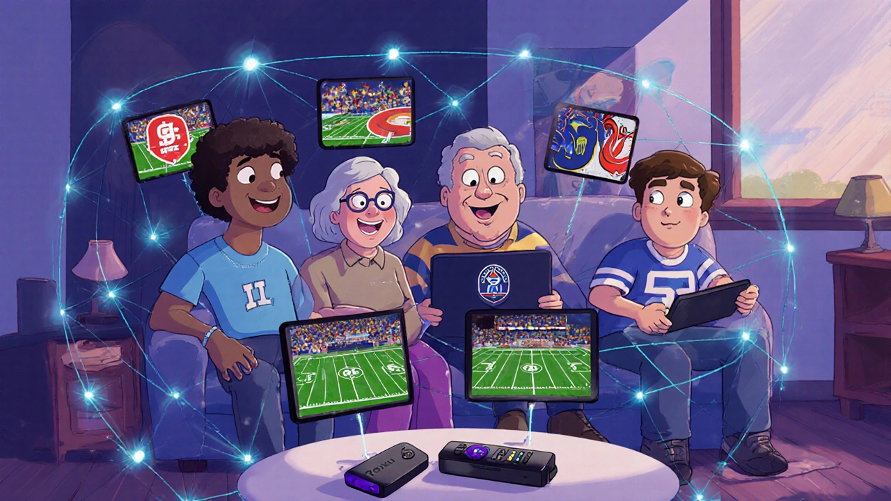 Diverse fans in different homes streaming their regional sports teams on personal devices.