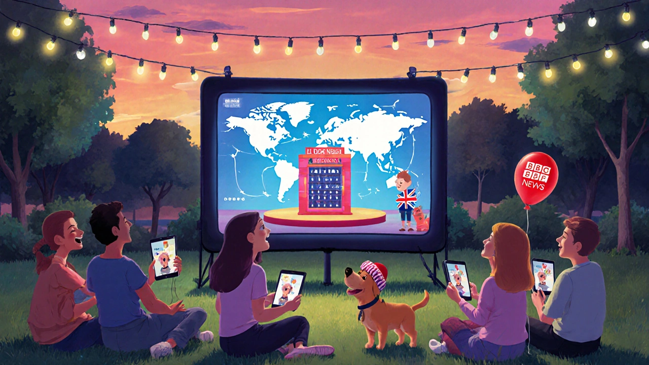 Expat community watching a movie night under lights, with a global map glowing behind them.