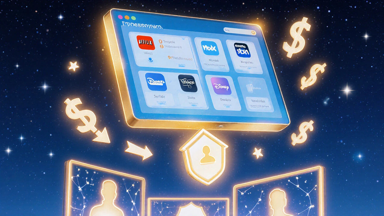 Floating streaming service icons with money falling away but downloads and profiles staying secure.