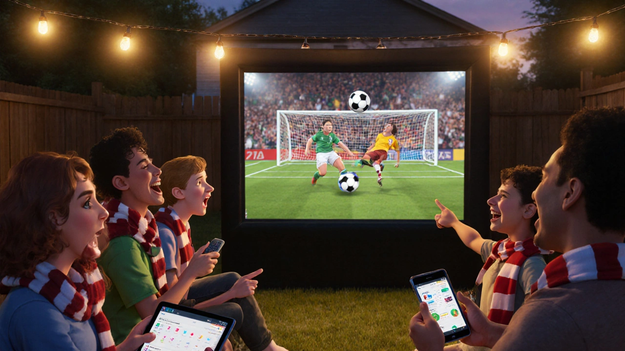 Friends cheer together as a soccer goal is replayed on a backyard screen under string lights.
