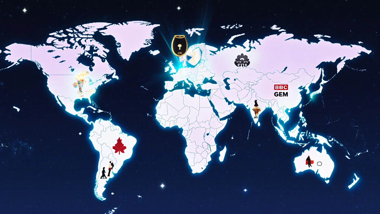 Glowing global map showing streaming platforms connecting viewers across countries.