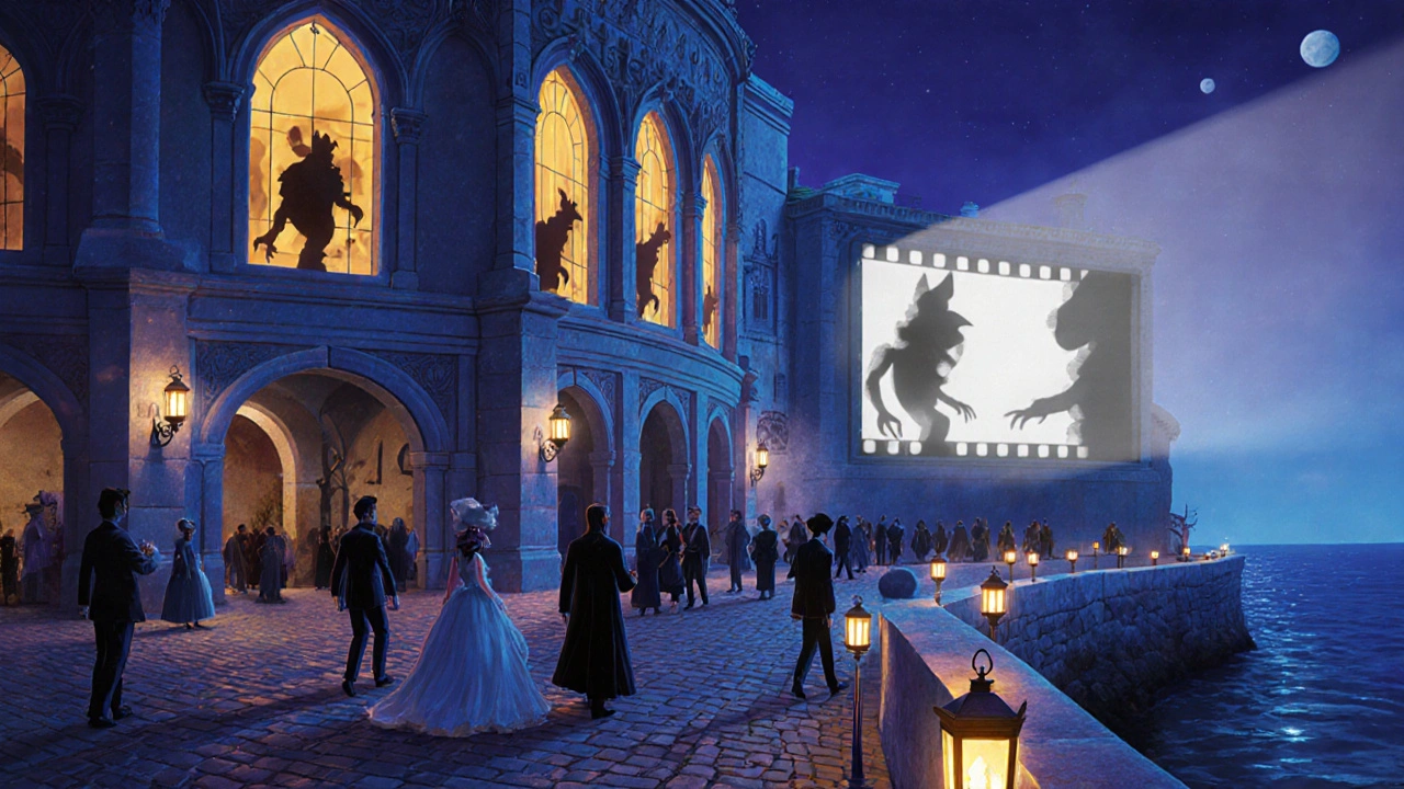 Gothic coastal town of Sitges at night with lanterns and a shadowy film projected on a sea wall.