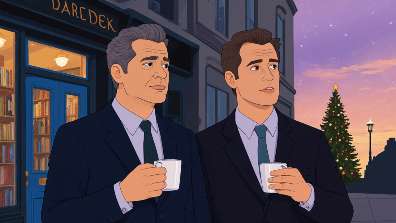 Hugh Grant as two characters, holding tea, standing silently in a London street at dusk.