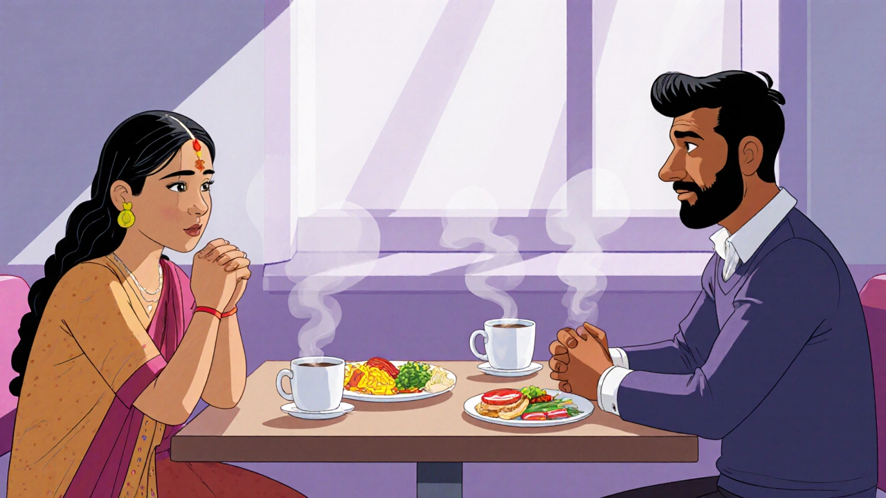 Kumail and Emily&#039;s parents sitting together in a hospital cafeteria, sharing silent coffee.