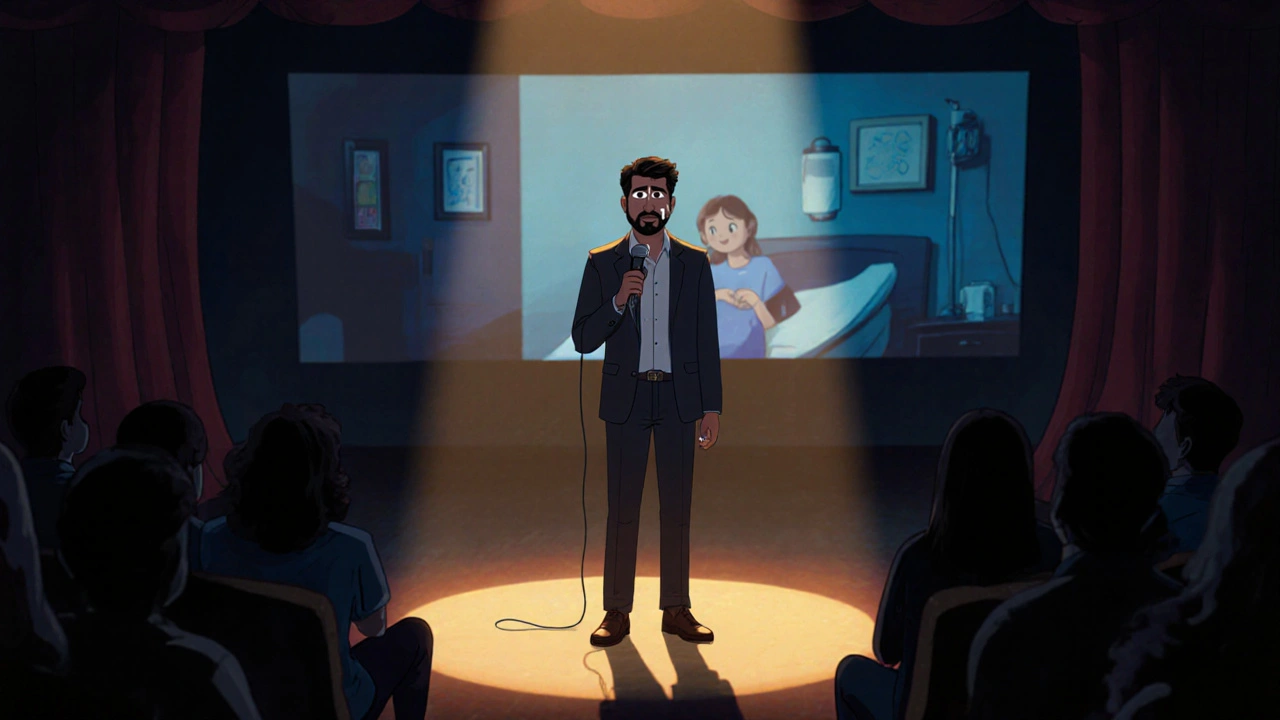 Kumail frozen on stage during a comedy set, tear on his cheek as hospital image glows behind him.