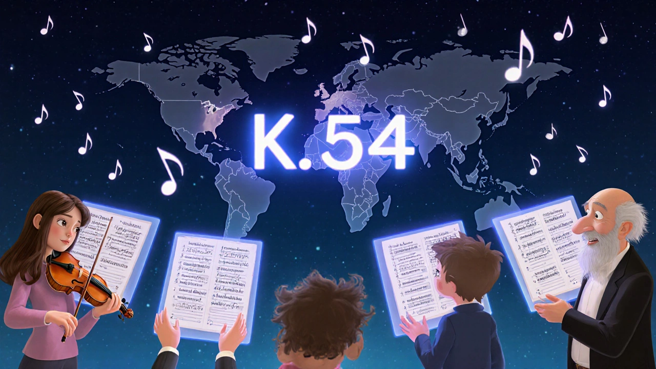 Listeners hold holographic scores of Mozart&#039;s sonata, each version tagged with conductor and year, as a glowing catalog number hovers above.