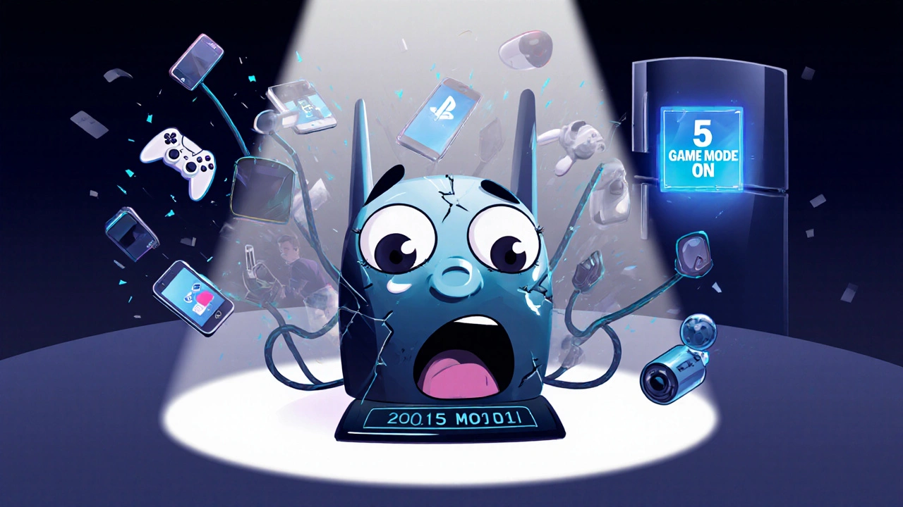 Old router overwhelmed by connected devices, new router glowing with 5 GHz signal in background.