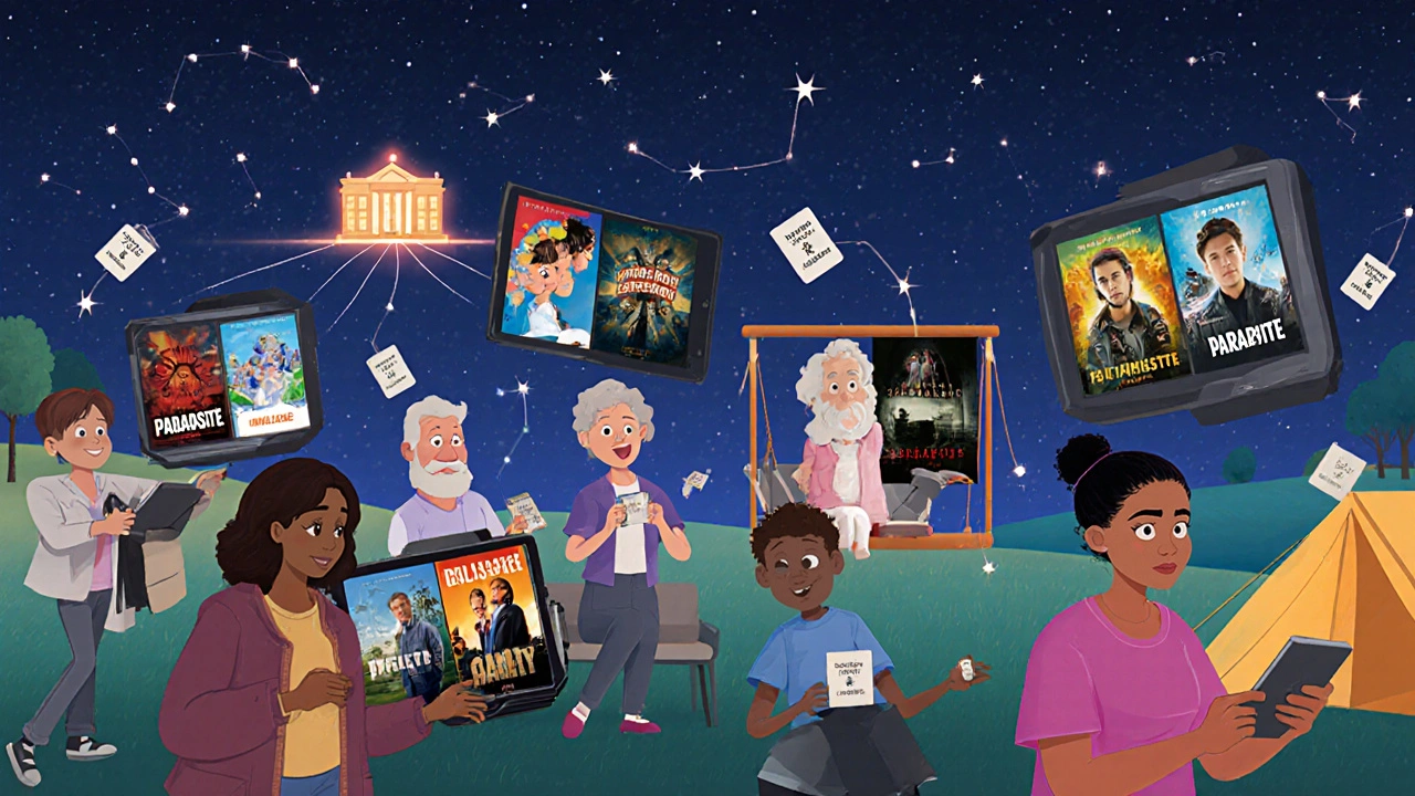 People in various settings watch free library films, connected by glowing threads to a distant library.