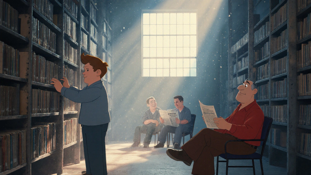 Quiet prison library with sunlight on books, Andy and Red sharing a peaceful moment.