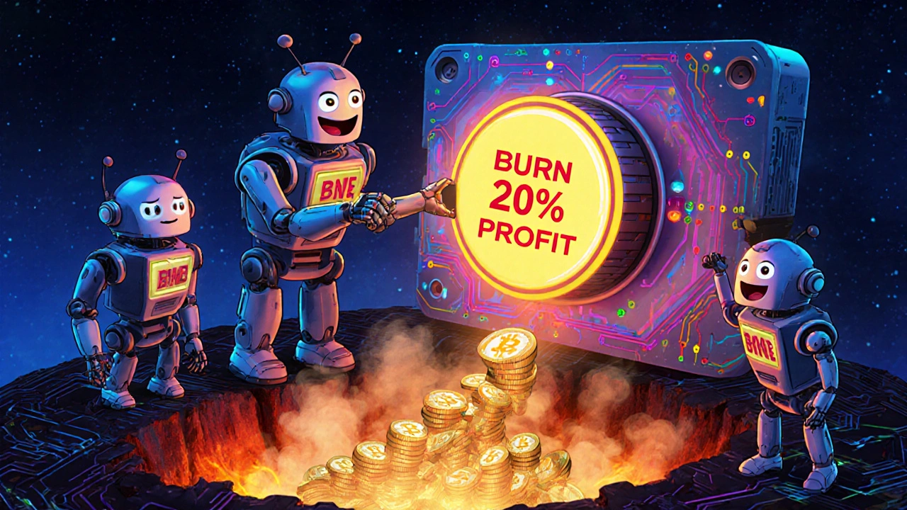 Robot developers activating a burn button, sending BNB tokens into a volcanic pit with a supply graph in smoke.