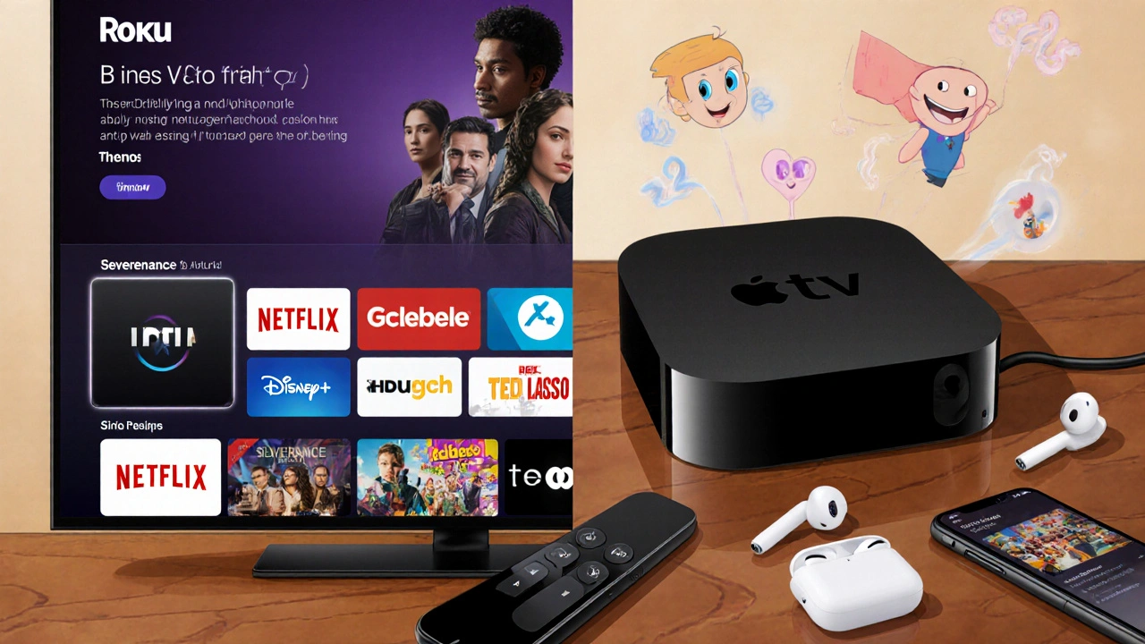 Side-by-side comparison of Roku&#039;s simple channel layout and Apple TV&#039;s curated interface, rendered in Pixar animation style.