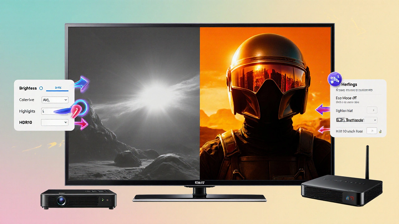Side-by-side: dull HDR vs vibrant HDR with animated setting adjustments shown as glowing icons.