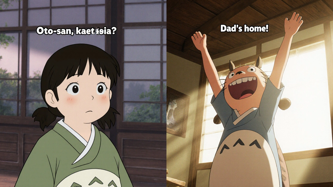 Split-screen of a girl saying the same line in Japanese and English, culturally distinct settings.