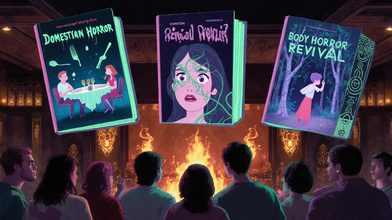 Three haunting horror stories floating as glowing books above fans at a festival bar.