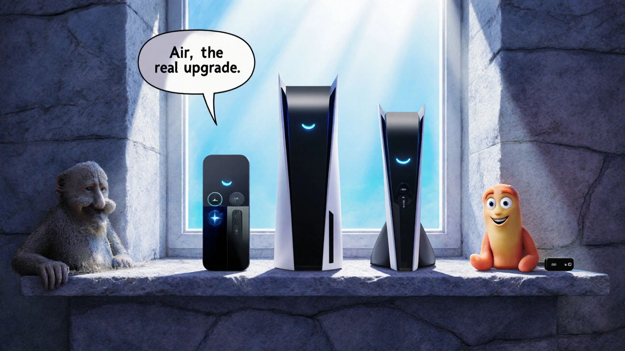 Three modern streaming devices glowing coolly on a shelf, while older ones sit defeated in the corner.