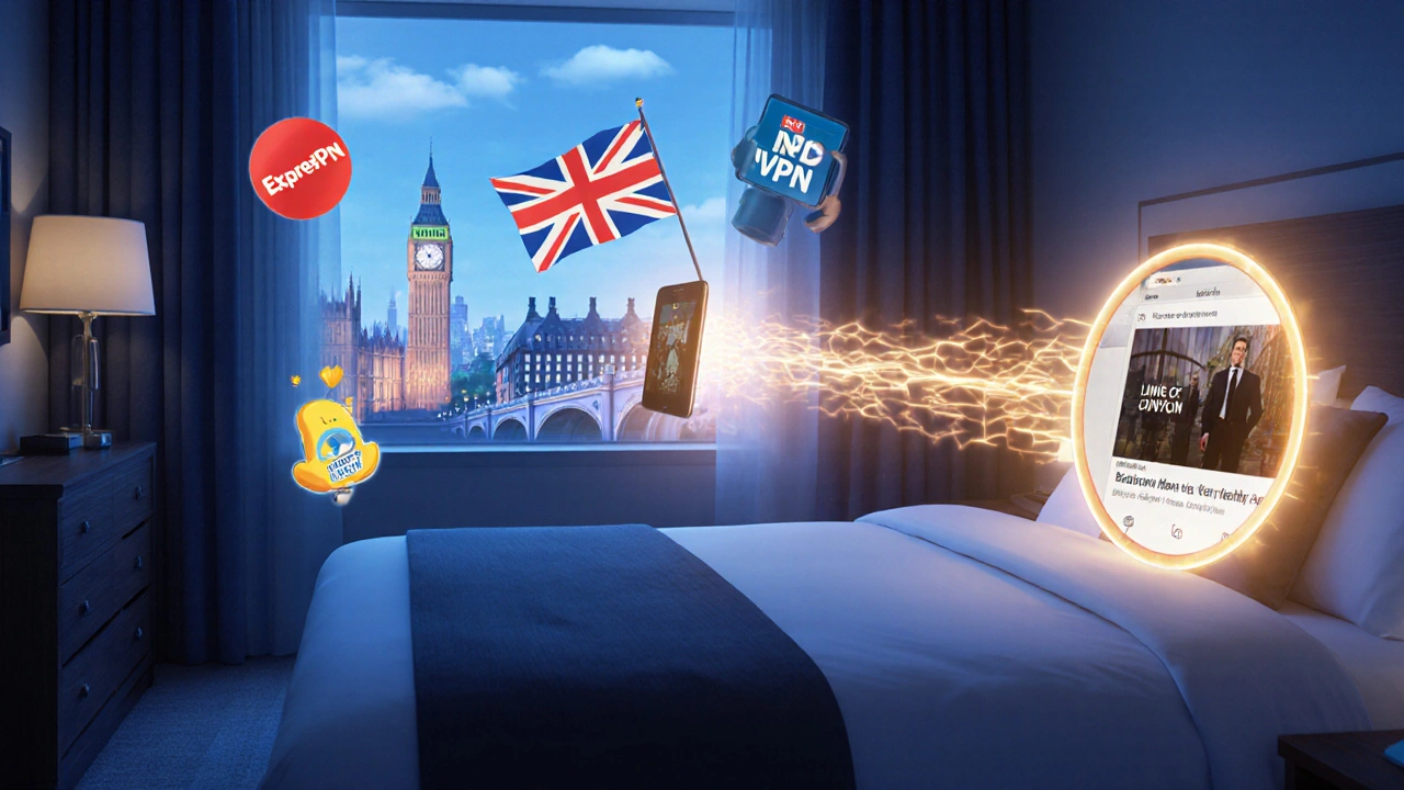 Traveler using a VPN to connect to home country content, with a digital tunnel to London.