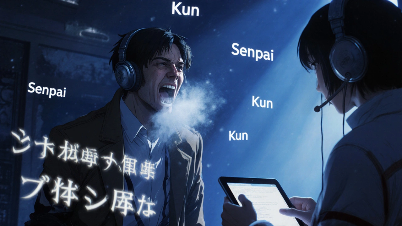 Voice actor dubs Attack on Titan while translator adjusts subtitles, honorifics floating in the air.