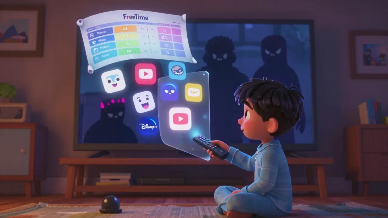 A boy uses a remote as approved apps glow safely around him, while scary content is blocked by a shield.