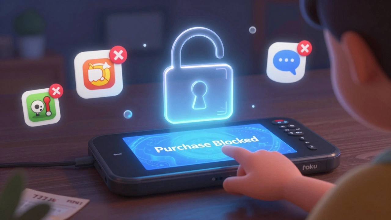 A child&#039;s hand reaching for a remote with a digital lock blocking purchases, app icons marked with Xs.