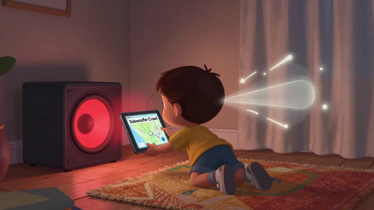 A child crawling on the floor with a tablet, finding the best subwoofer placement while echoes fade with rugs.