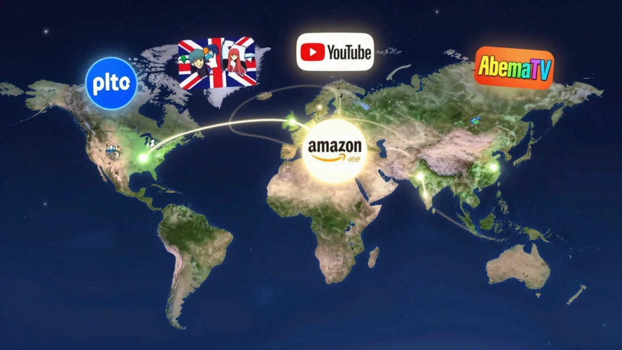 A colorful global map showing free anime platforms connected to different countries with glowing icons.