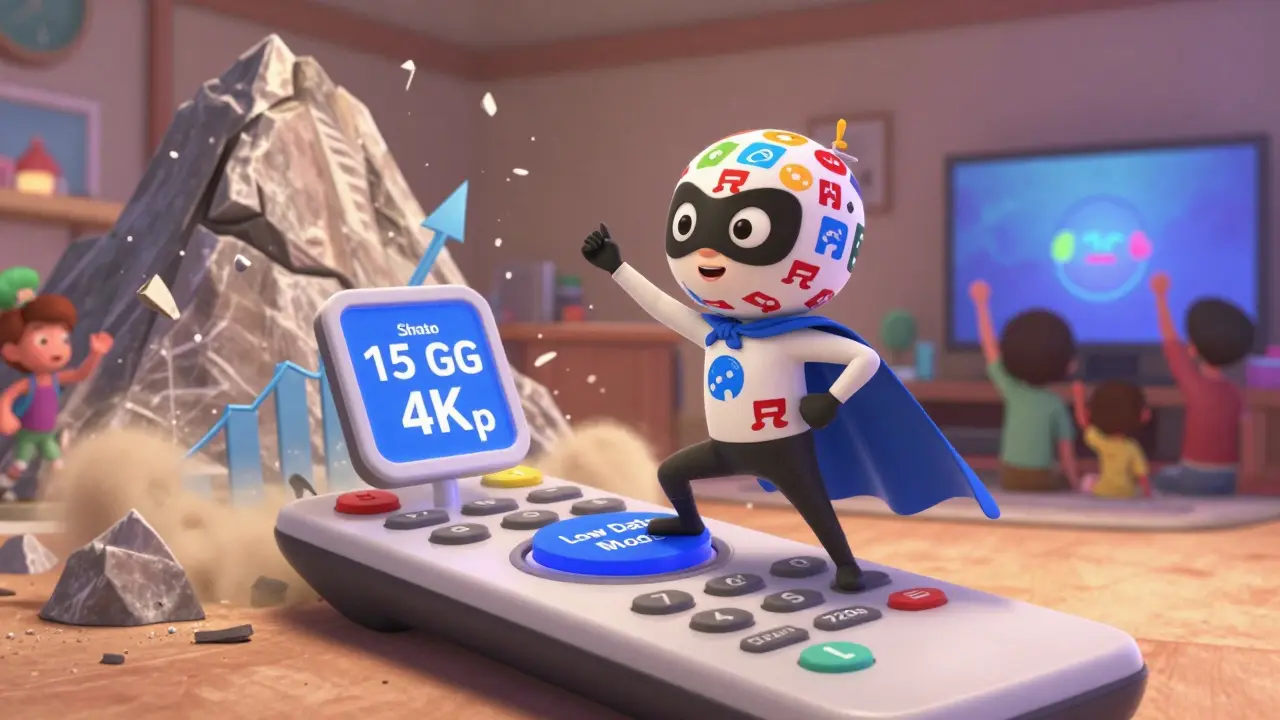 A Data Saver superhero shrinks a massive 4K stream into low-data mode, crushing data usage graphs behind him.
