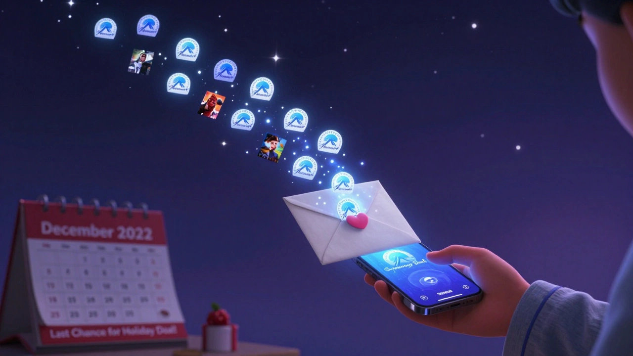 A digital gift envelope flying through a starry night, landing on a phone with a holiday deal banner.