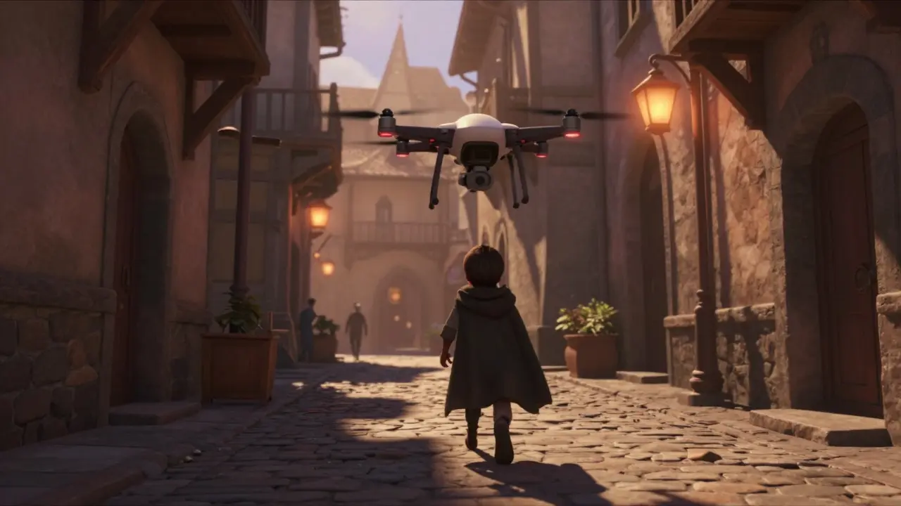 A drone tracking a figure through narrow, lantern-lit alleyways.