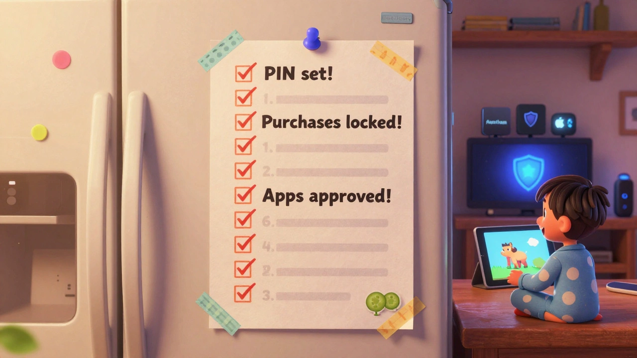 A family checklist on a fridge with checked safety items, kids watching TV, streaming devices glowing with shields.
