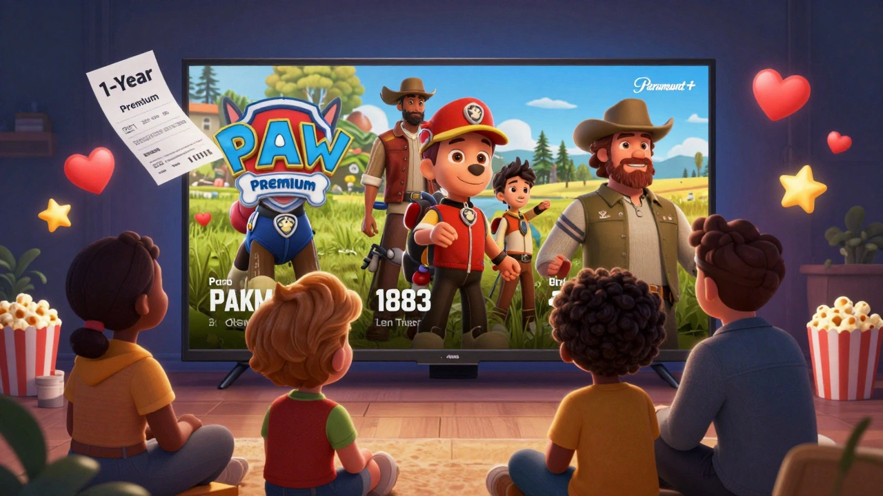 A family enjoying different Paramount+ shows together on a TV, lit by the screen’s warm glow.