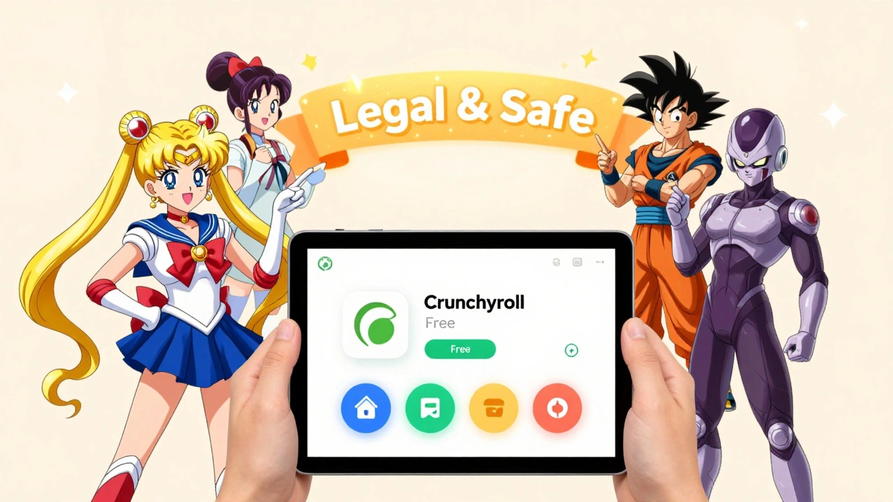 A fan surrounded by beloved anime characters pointing to a &#039;Legal &amp; Safe&#039; banner while using a free streaming app.