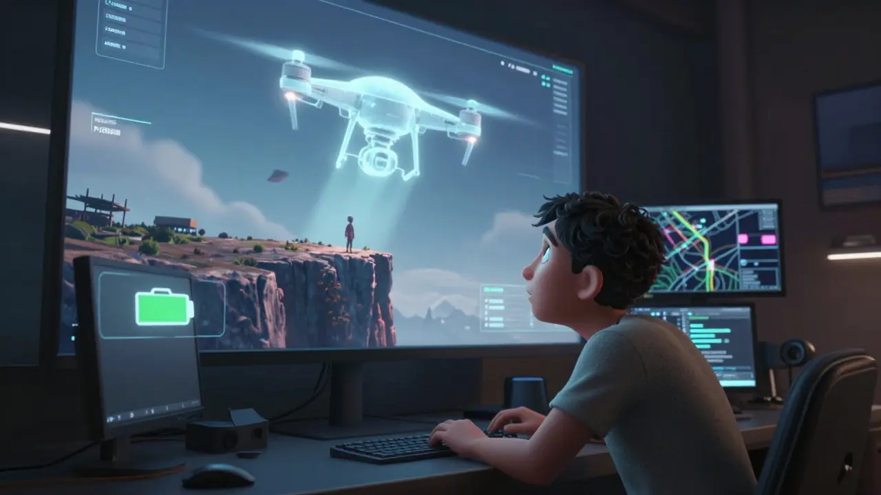 A filmmaker watching a holographic drone shot rise from ground to cliff.