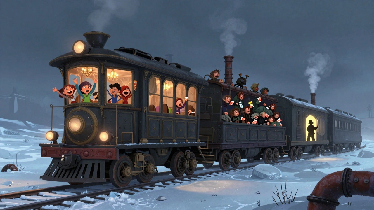 A frozen train with luxury at the front and poverty at the back, illuminated by contrasting lights.