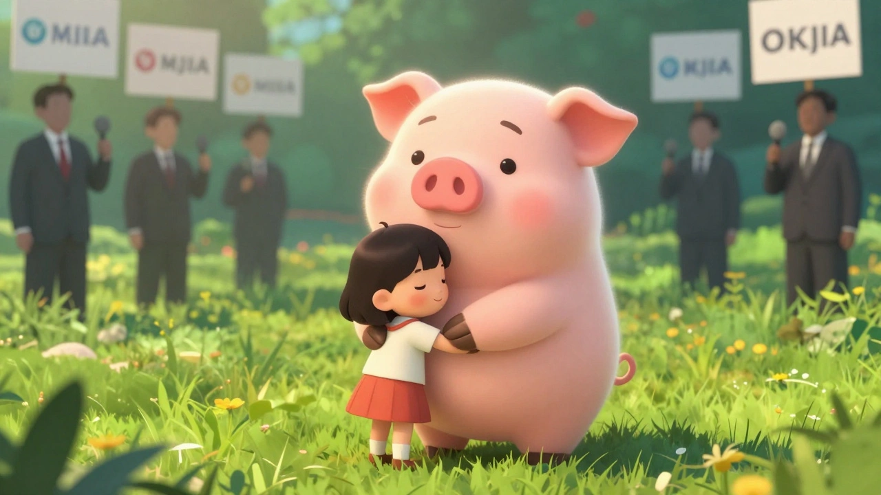 A girl hugging a giant gentle pig in a field, corporate figures watching from afar.