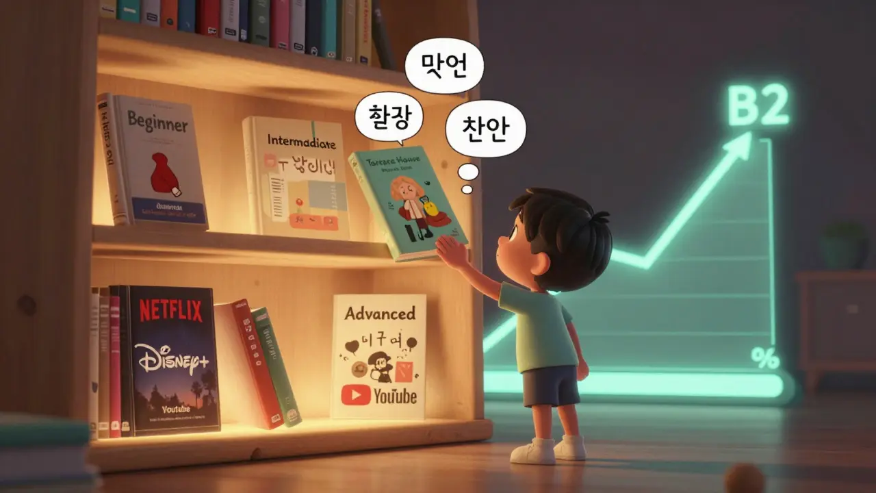 A glowing bookshelf of streaming platforms with animated language books and floating phrases, symbolizing progressive learning.