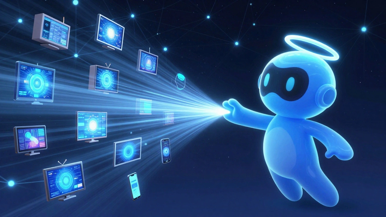 A glowing IPv6 mascot sends a smooth video stream to hundreds of devices in a starlike network.