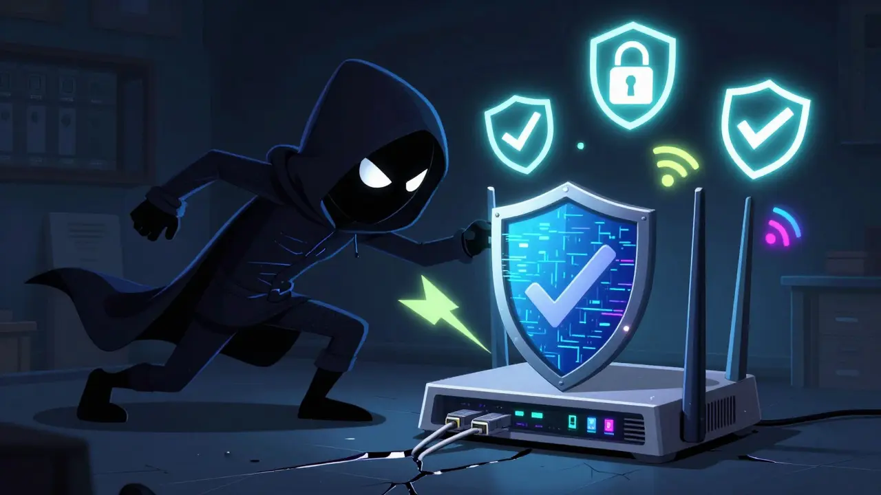 A hacker trying to breach a router blocked by a firmware shield, with glowing security symbols.