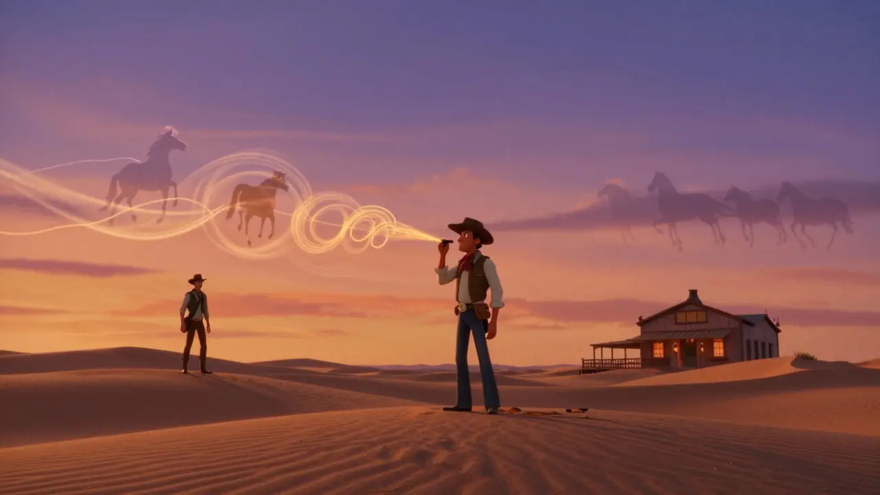 A lone composer in the desert whistles melodies that form ghostly western figures at sunset.