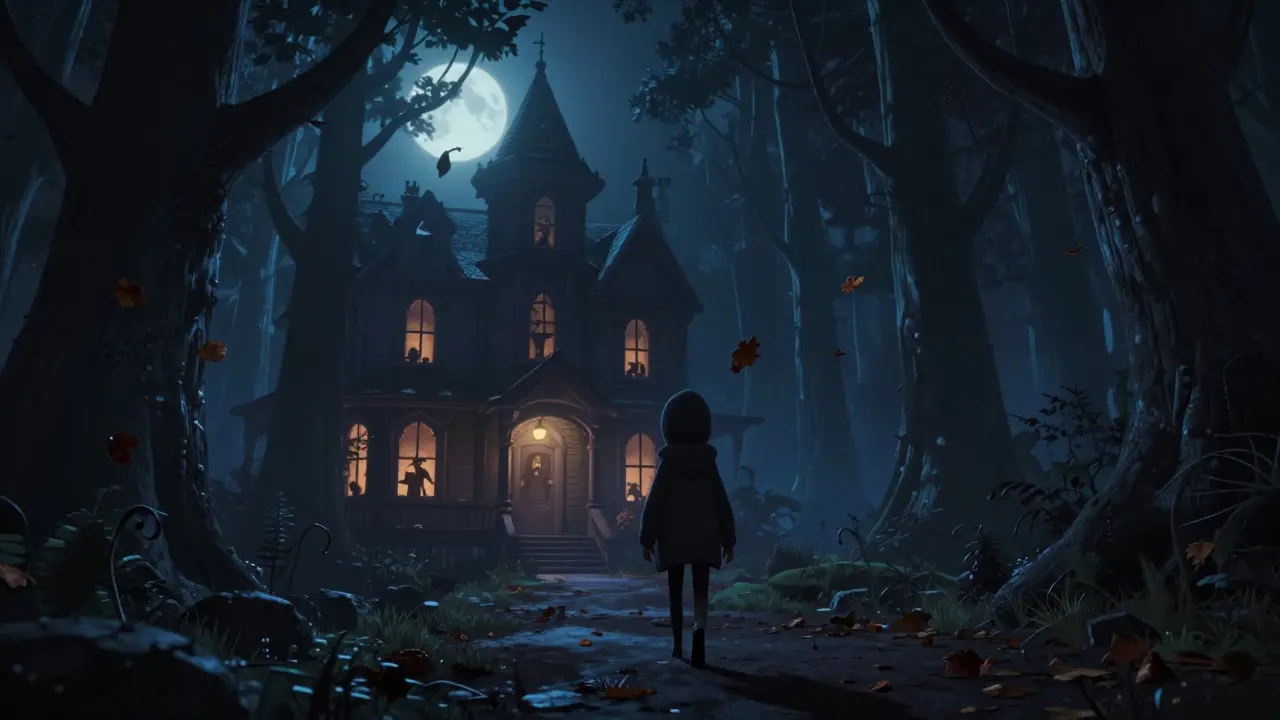 A lone person walks toward a haunted house at night under a full moon, surrounded by eerie shadows and swirling leaves.