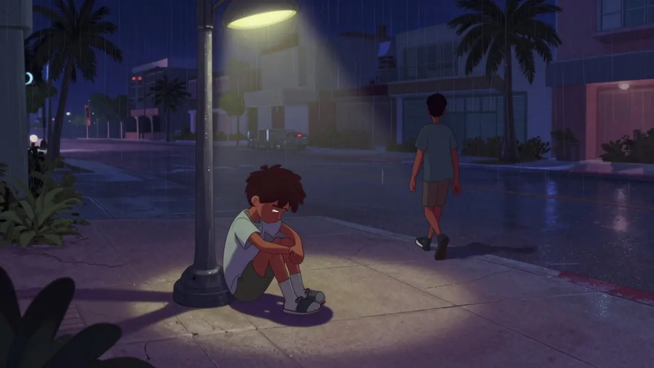 A lonely teenager sitting under a flickering streetlight at night, shadows stretching long.