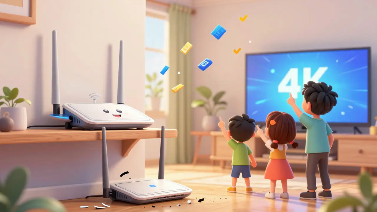 A new Wi-Fi 6 router replacing an old one as a family cheers and streams 4K video happily.