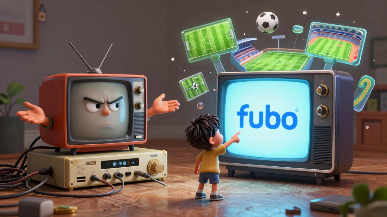 A sleek Fubo device glowing beside a messy cable box, with sports icons floating around, symbolizing modern streaming vs. old TV.