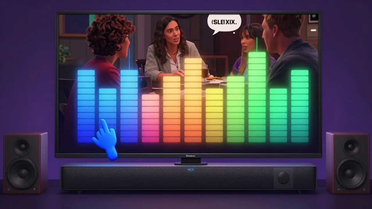 A soundbar with digital EQ bars adjusting to make dialogue clear, bass reduced, and midrange warm.