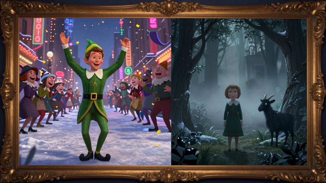 A split scene showing joyful Elf dancing in snow on one side and a fearful child in a dark forest on the other.