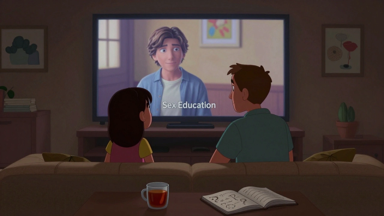 A teen and her father watch a thoughtful show together, sharing quiet conversation on the couch.