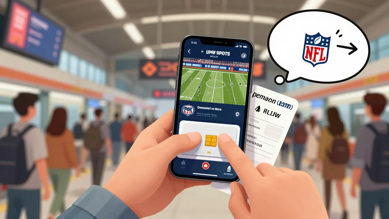 A traveler using a local SIM card to stream a game in a busy Seoul train station, with team pride visible.