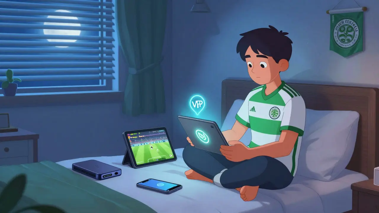 A traveler watching a live soccer match on a tablet in a Seoul hotel room at night, with downloaded games nearby.
