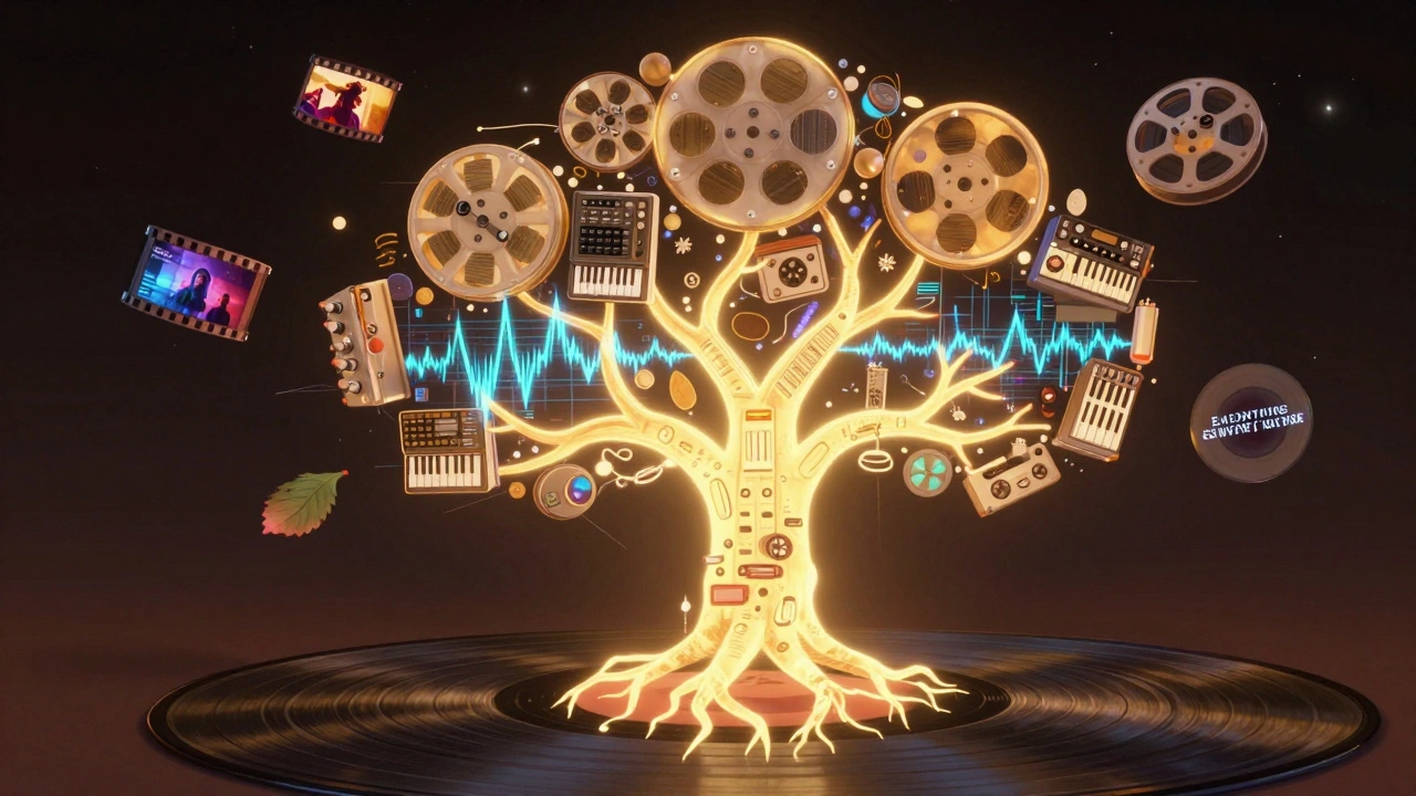 A tree made of synths and waveforms growing from a vinyl record, with film reels as leaves in a starry sky.