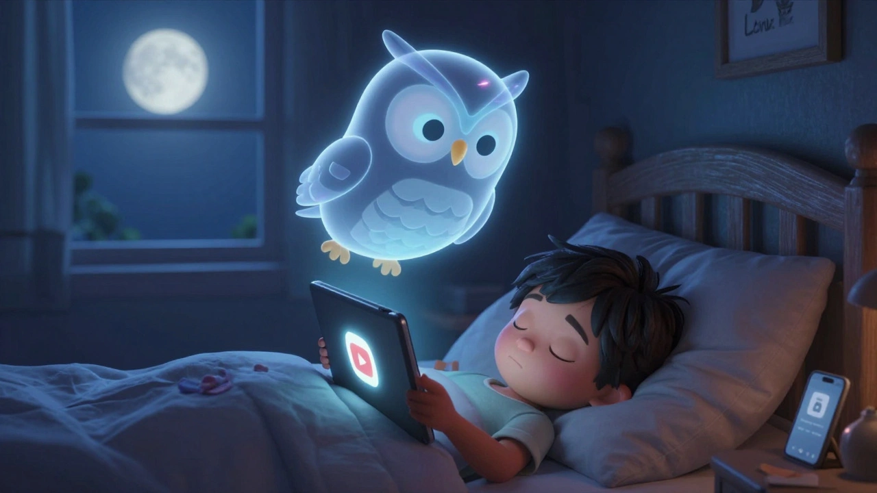 Child sleeping peacefully as a friendly robot owl monitors YouTube Kids usage with glowing screen limits.